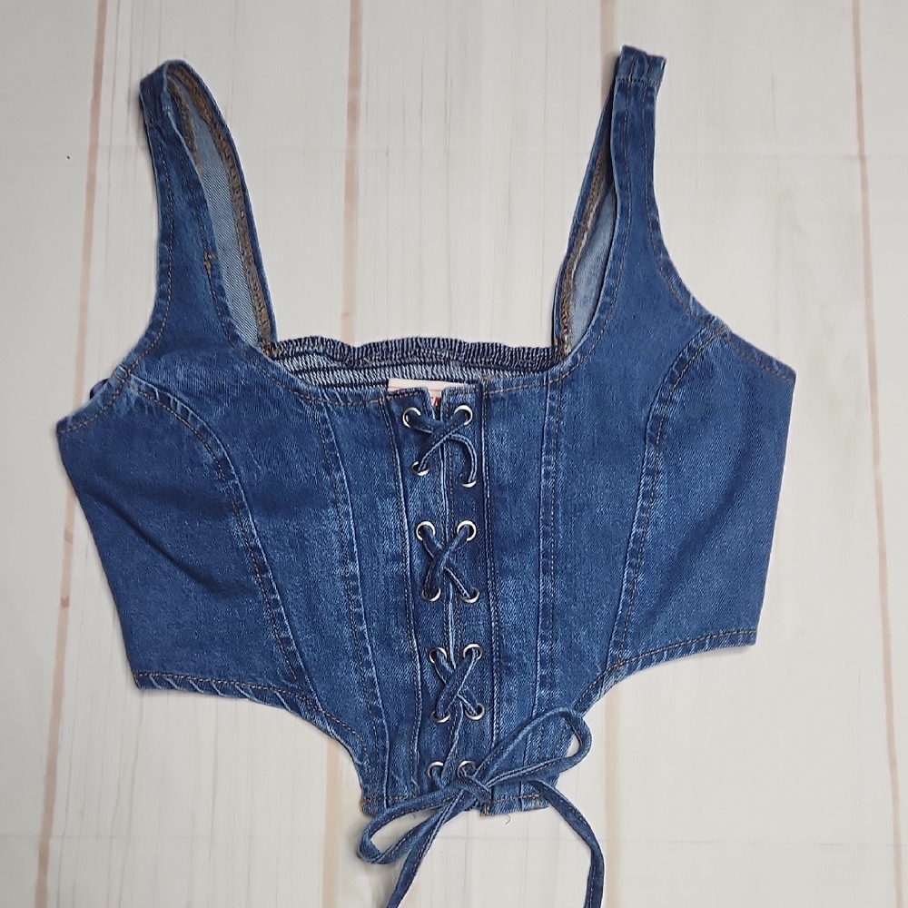 Lone Star Blue Lace-Up Denim Crop Top | Small